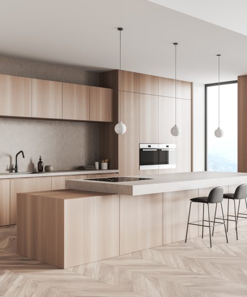 Wooden kitchen interior with bar chairs and countertop on hardwood floor, side view. Modern dining space in apartment, panoramic window on countryside. 3D rendering