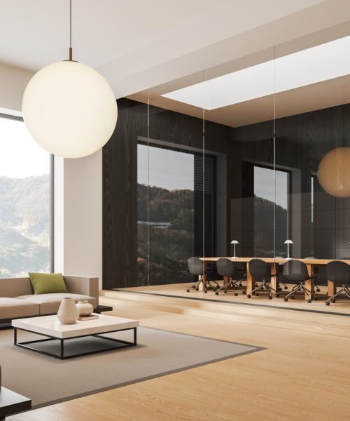 Stylish office interior with sofa and coffee table, side view carpet on hardwood floor. Glass meeting room with board and chairs. Panoramic window on countryside. 3D rendering