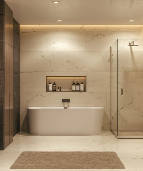 Luxurious modern bathroom featuring marble surfaces, a bathtub, and a glass shower. The soft lighting and minimalist design create a serene and luxurious ambiance.
